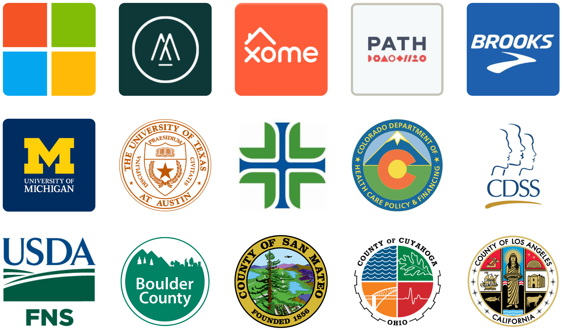 Client organizations include Microsoft, Moss Adams, Xome, PATH, Brooks Running, Providence, University of Michigan, University of Texas at Austin, Colorado Department of Health Care Policy & Financing, CDSS, Boulder County, Colorado, County of San Mateo, California, County of Cuyahoga, Ohio, and FNS/USDA.